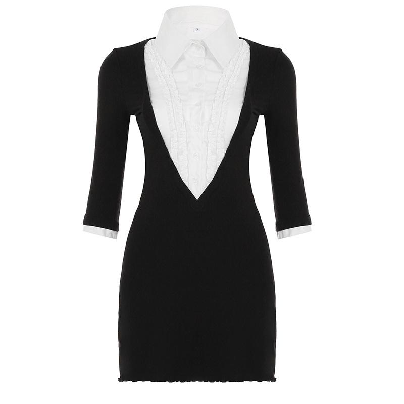 

Платье А-силуэта с V-образным вырезом в горошек в стиле Хепберн с кружевом: Тонкая, Элегантная Короткая Юбка Large