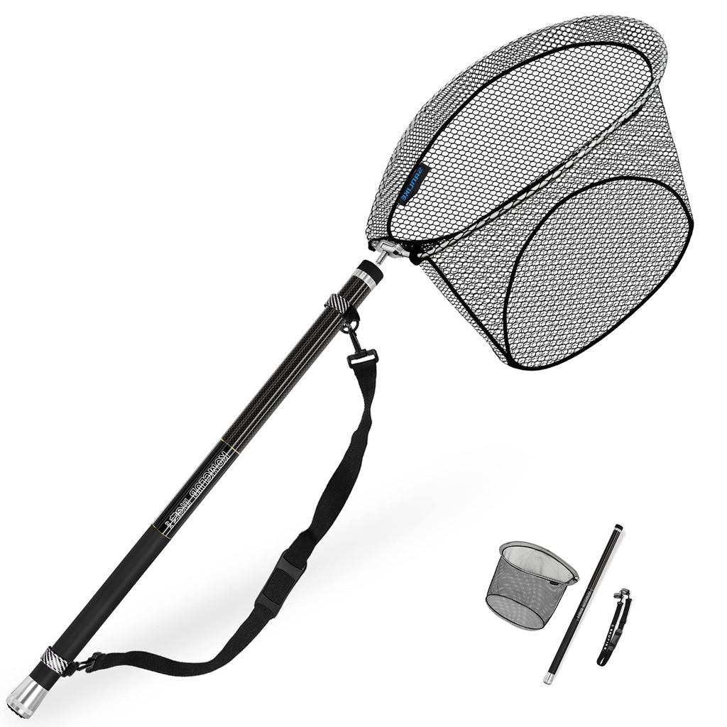 KOMCLUB Landing Net, Ash Net, Made of Carbon, Total Length 6.6M, Telescoping Landing Pole, Rock Ball Set, 9 Pieces, Rubber Coating Net, Sea Fishing