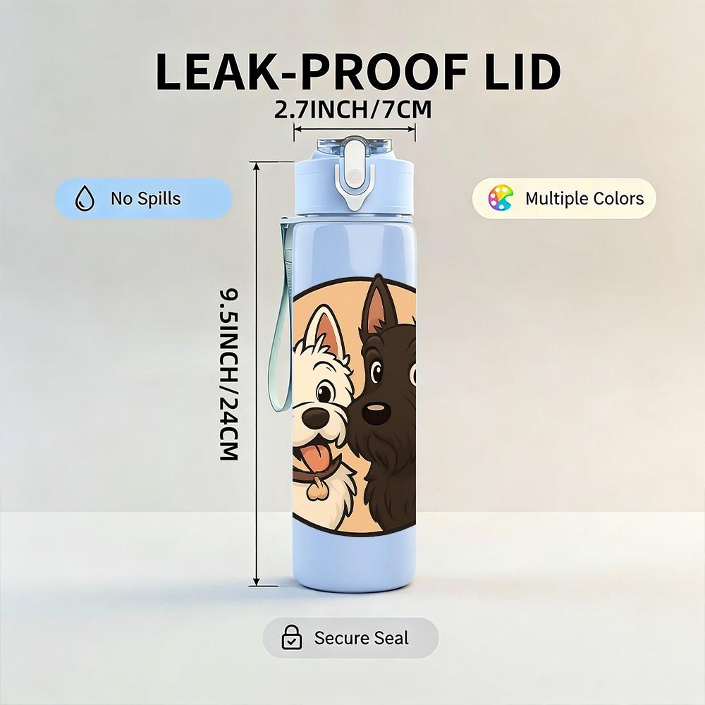 1PC Dog Couple Portrait Frame Print 750ml Color Plastic Sports Water Bottle Leakproof Flip Straw Lid Suitable for Sports Office Home Use