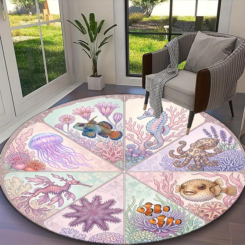 [Colorful Ocean Fish Printed Carpet] Non-slip Office Rug, Cozy Round Carprt for Living Room Use, Soft Home Sofa Chair Mat