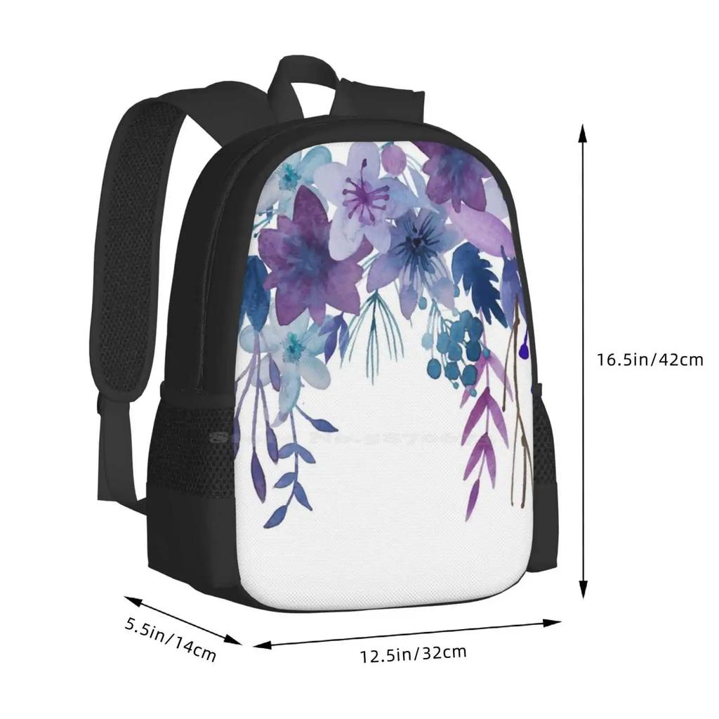 Blue Purple Flowers School Bag Big Capacity Backpack Laptop Watercolor Floral Bouquet Modern Wild Aquarel Purple Flowers Blue