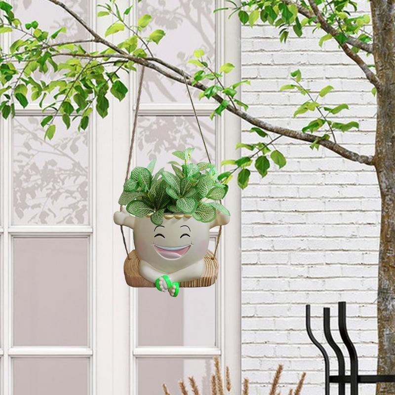 Swing Face Planter Pot Swing Chair Flower Head Resin Planter Cartoon Hangable Outdoor Flower Planter With Drainage Hole For