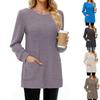 Women's Round Neck Long Sleeve Loose Casual Solid Rib Knit Pocket Tunic Top Sweater