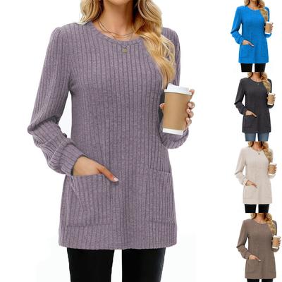 Women's Round Neck Long Sleeve Loose Casual Solid Rib Knit Pocket Tunic Top Sweater