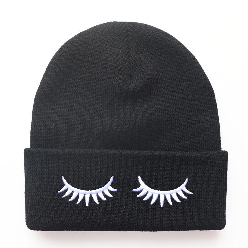 Popular in Europe and America, cute girls  eyelash hat, embroidered knitted hat, outdoor sports wool hat, cycling warm cold weather hat Adjustable чёрный