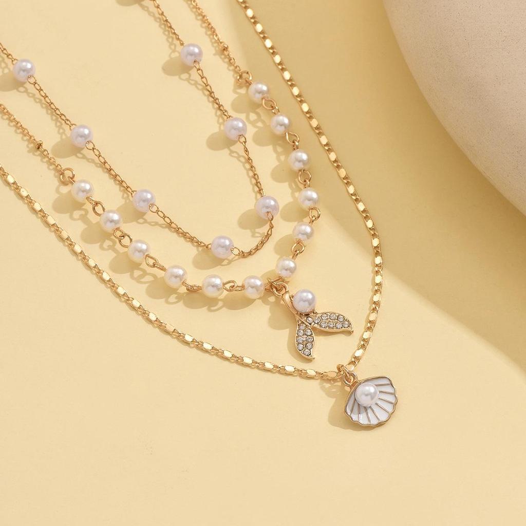European and American Multi-Layer Imitation Pearl Necklace with Shell Fishtail Zinc Alloy Pendant
