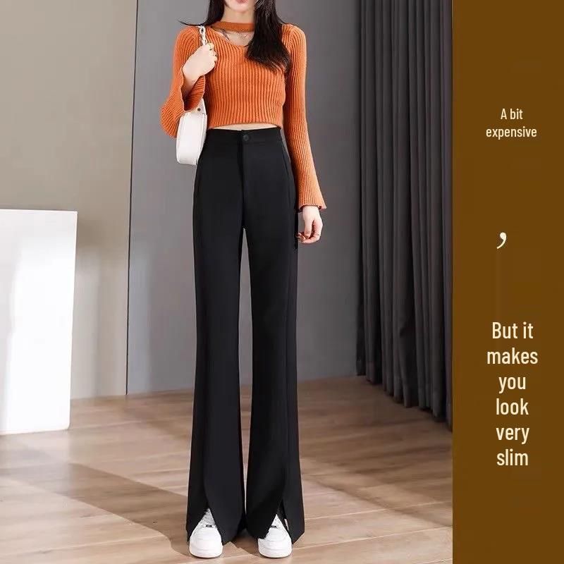 

2026 Women s High-Waisted Flowing Black Micro-Flare Wide-Leg Trousers with Slit L (for 105 kg) чёрный