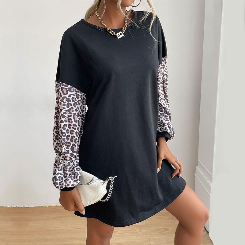 Confort Casual și Versatilitate Haine de Toamnă Pulover Larg Leagăn Color-block Imprimeu Leopard Rochii Sweatshirt