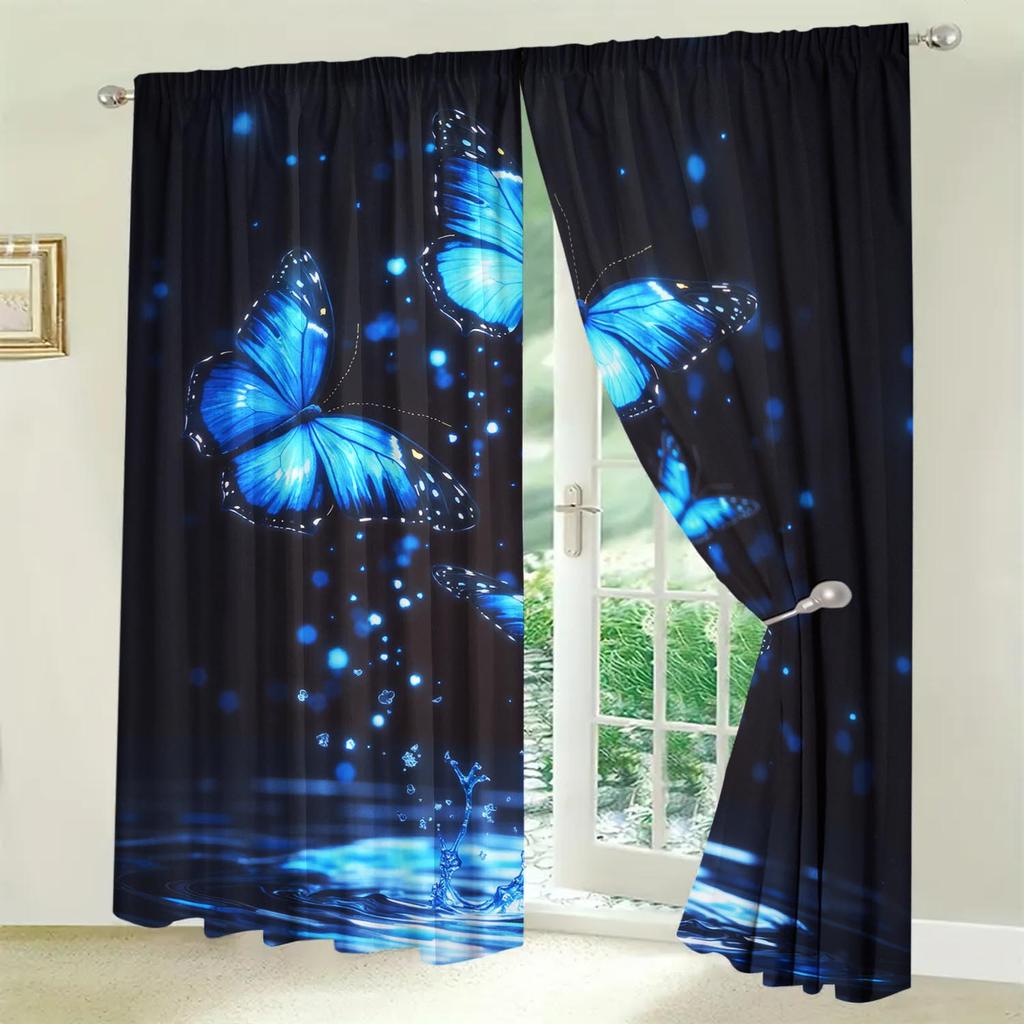 2pcs Dreamy Blue Butterfly Playing In The Water Curtains   Shade and Privacy Protection   Suitable for Decorating Various Rooms