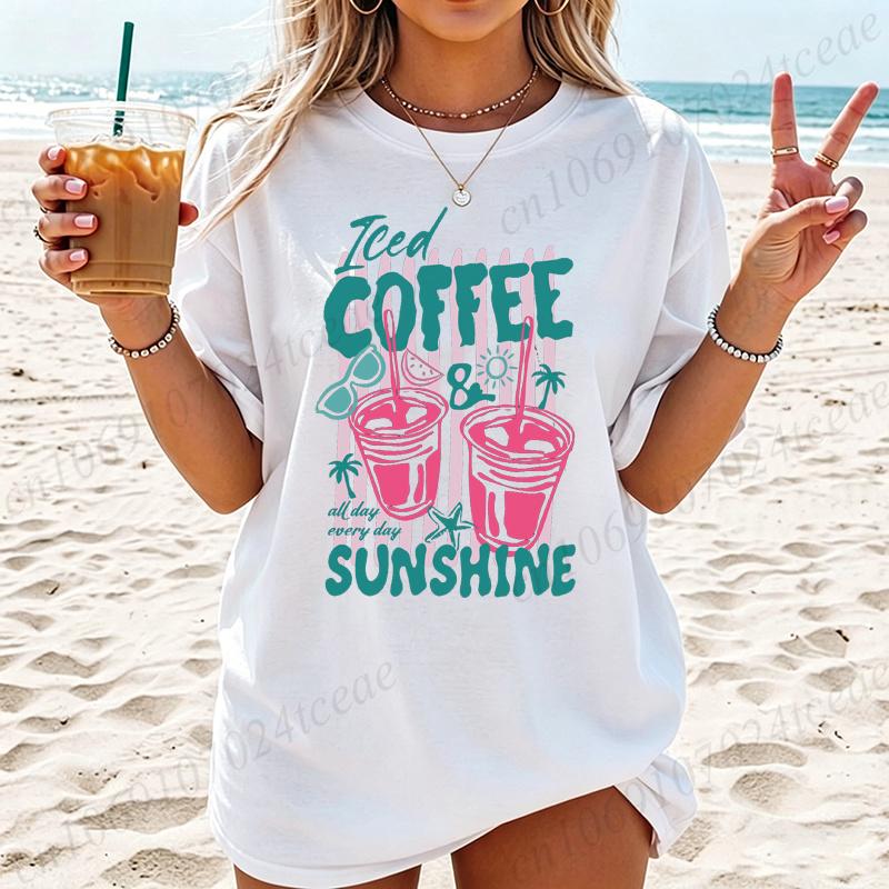 Summer New Fashion T-Shirts Coffee Graphic Women's T-Shirt Sunshine Beach Graphic Clothing Cute Drink Aesthetic Women Tee Tops