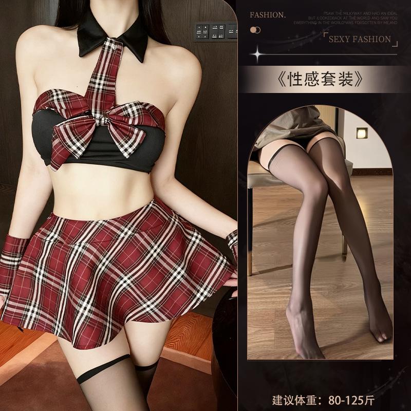 Sexy JK Uniform Scarlet Plaid Collegiate Style Abstinence Women's Pajamas Pleated Skirt Erotic Lingerie Set