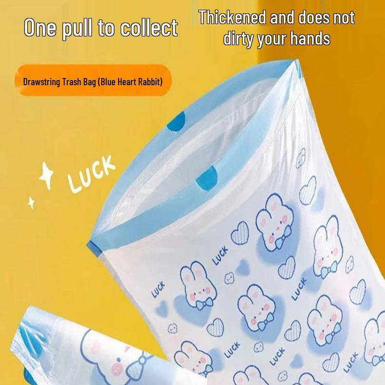 Super Cute Blue Heart Rabbit Drawstring Trash Bags - Thickened, Large, Cartoon Design for Kitchen & Household Use