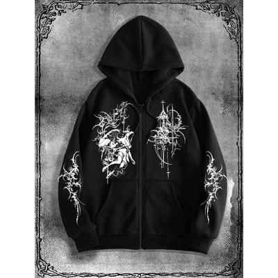Men's Gothic Angel Dark Printed Zipper Hoodie, Casual Fashion Street Zipper Hoodie, Fashion Clothing Autumn