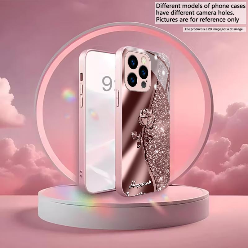 Sparkle Rose Emboss Pink Metallic Glass Phone Case For iPhone 11 12 13 14 15 16 17 Pro Max Plus 17Air 16E 7 8 Xr XsMAX Cover