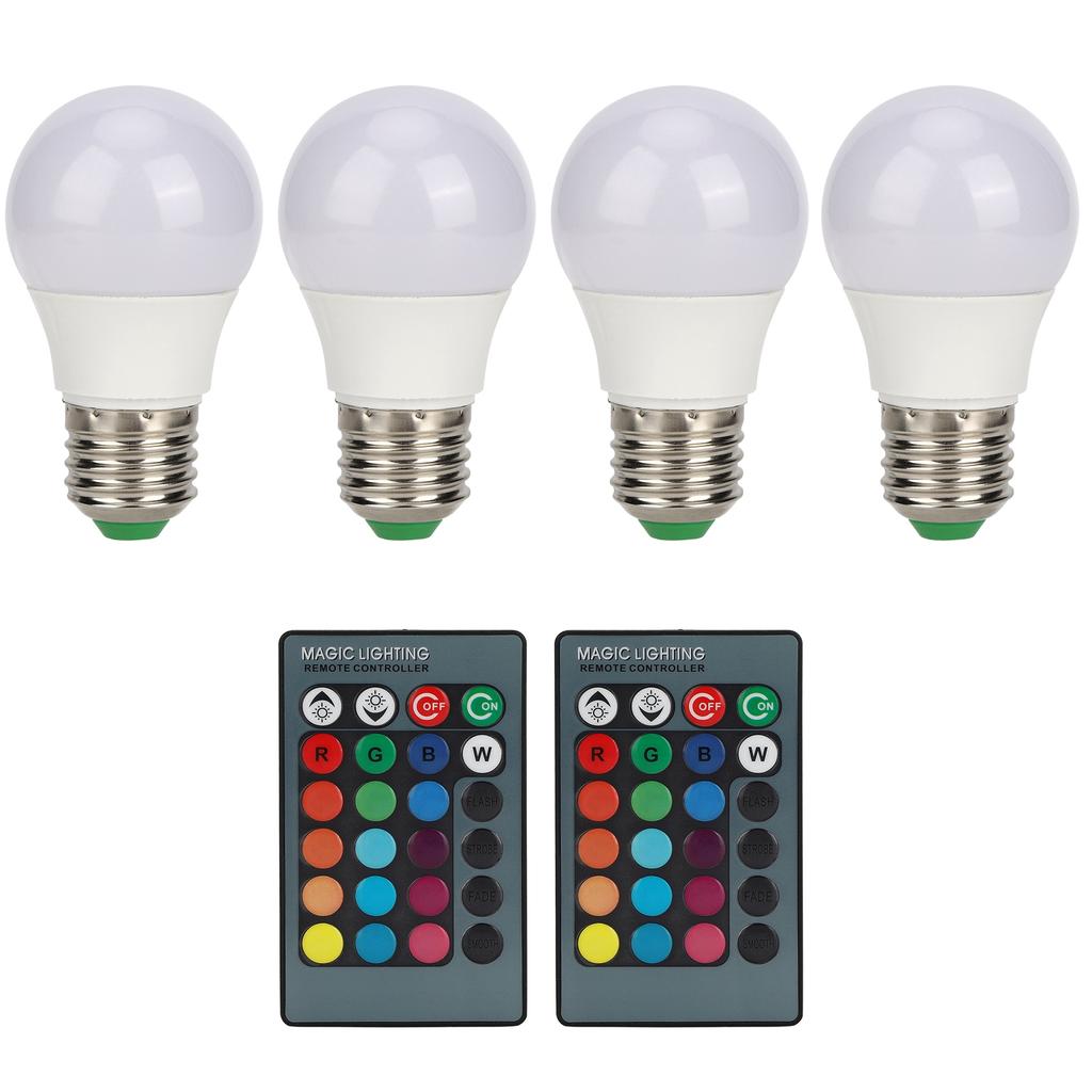 4pcs E27 RGB LED Light Bulbs Colorful Decorating Lamp with 2 Remote Controls 3W AC85‑265V