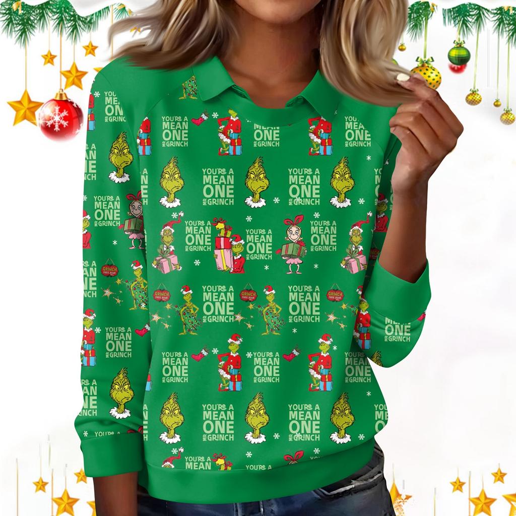 Women's Fashion Christmas Print Lapel Long Sleeve Casual Crewneck T-Shirt Top