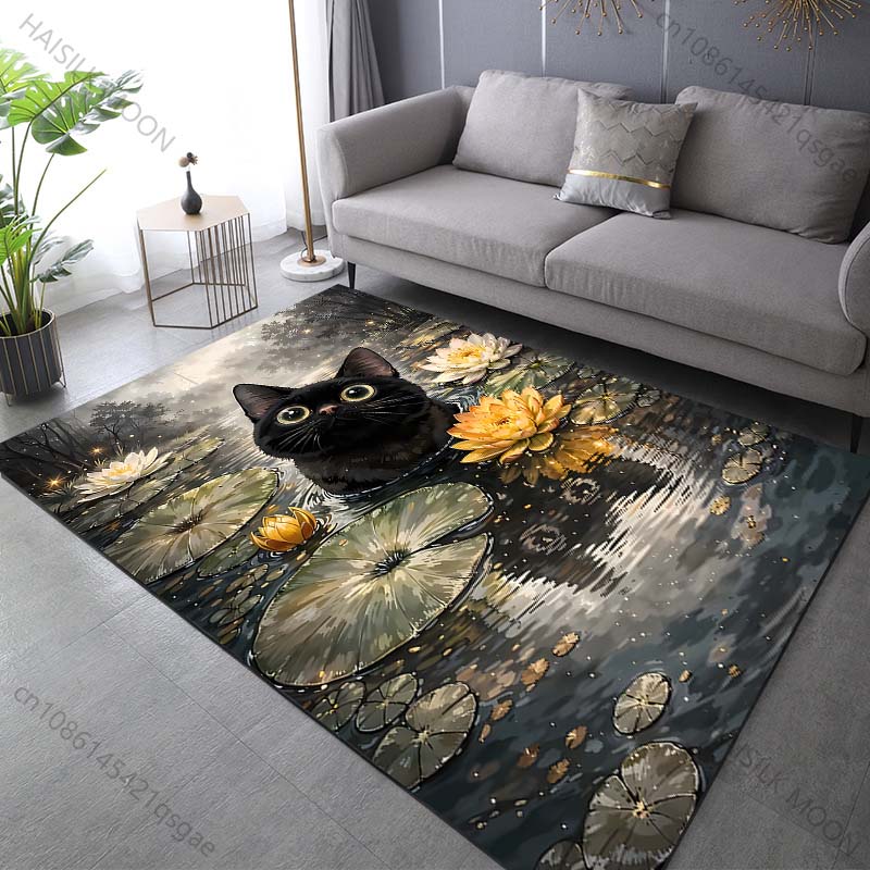 Multiple Sizes Black Cat In Lotus Pond Print Carpet Rug for Living Room Bedroom Sofa Doormat Home Decor Non-slip Floor Mat