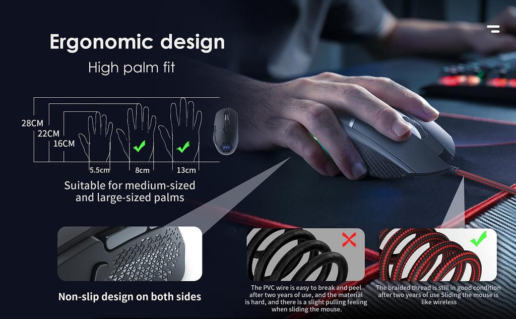 CYD C303 Gaming Mouse Wired Gaming PC Mouse 7200 Adjustable DPI LED Breathing Light Ergonomic Design USB Gaming Mouse Suitable for Large Hands 8