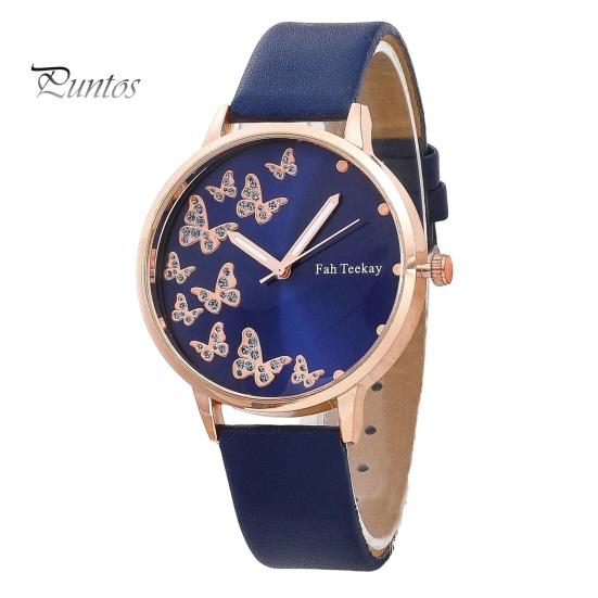 

2 шт./компл. женские часы, браслет, набор, кварцевые часы, декор в виде бабочки, горный хрусталь, искусственный жемчуг, изысканный регулируемый ремешок из нержавеющей стали из искусственной кожи, женское запястье синий