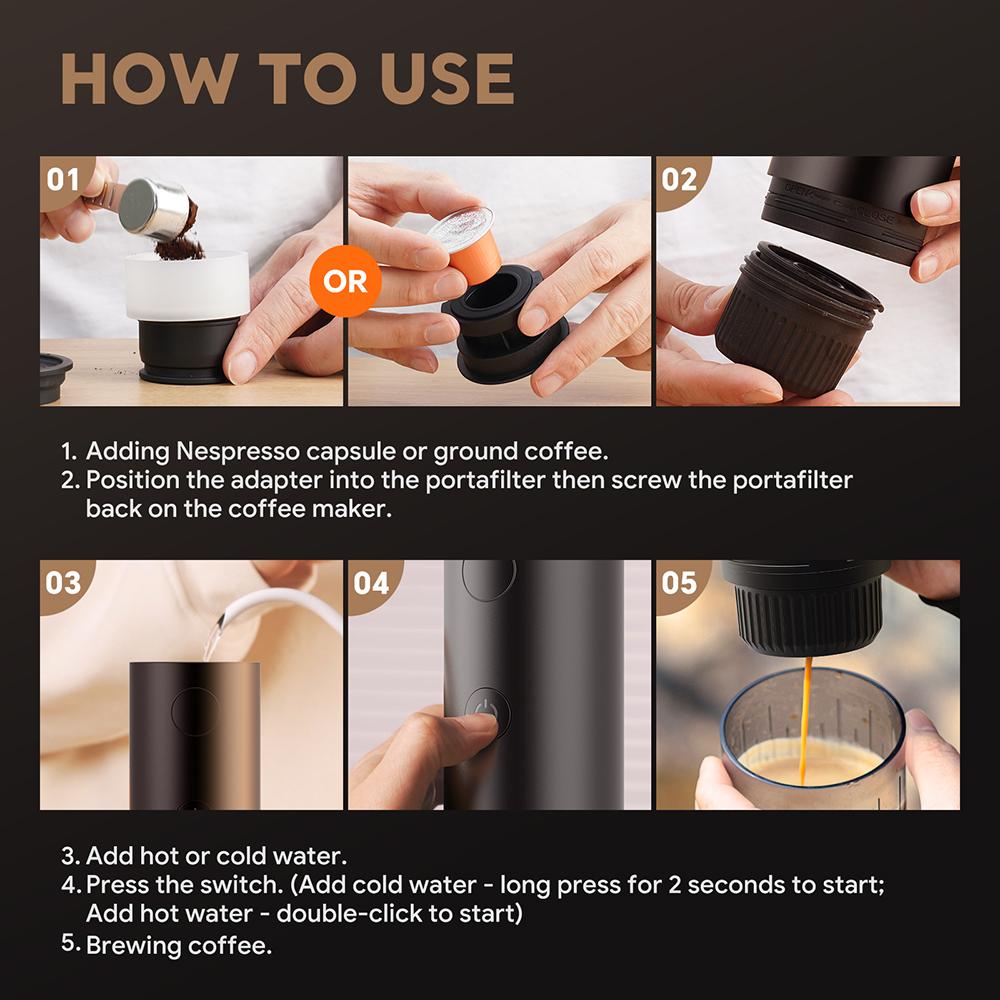 [i Cafilas][2604] Wireless Electric Portable Electric Espresso Machine Travel Coffee Maker for Camping Car Self-Heating With Ground Coffee & Capsule
