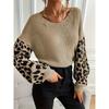V Neck Loose Long Sleeve Leopard Print Knit Sweater For Women