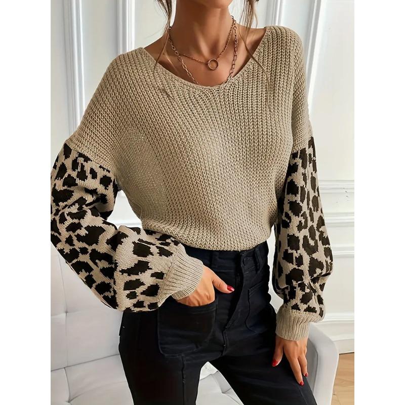 V Neck Loose Long Sleeve Leopard Print Knit Sweater For Women