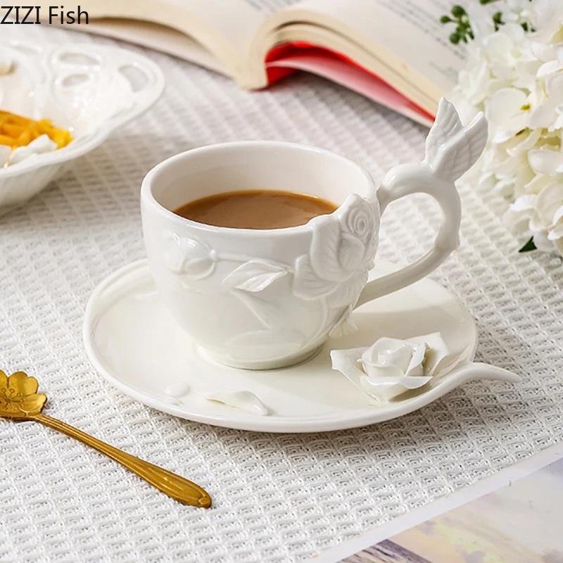 Rose Floral Reliefs Classical Ceramic Cup&saucer Dining Table Coffee Mug Milk Mugs Afternoon Tea Teacup Fruit Juice Container