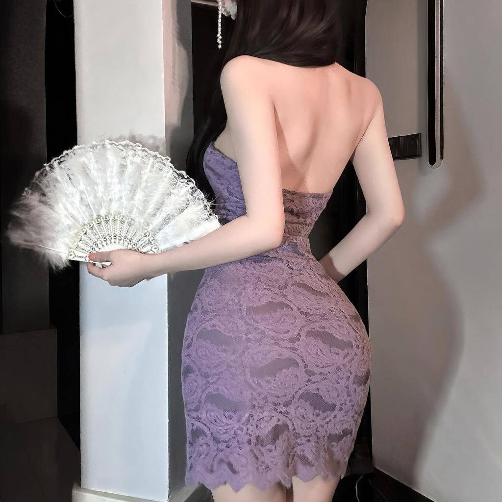 Purple Halter Neck Cheongsam: Sexy Slim Fit Lingerie with Padding and Lace