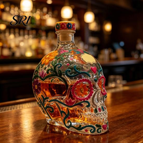 3D Sculpted Skull Decanter Gothic Decanter, Hand Painted Glass Liquor Bottle with Floral Themed Party Decor Design, Carved Wine Dispenser for
