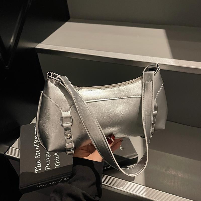 Casual Mini Shoulder Bag Glossy Finish Hardware Detail Lightweight PU Zipper Underarm Bag for Daily Commute & Shopping