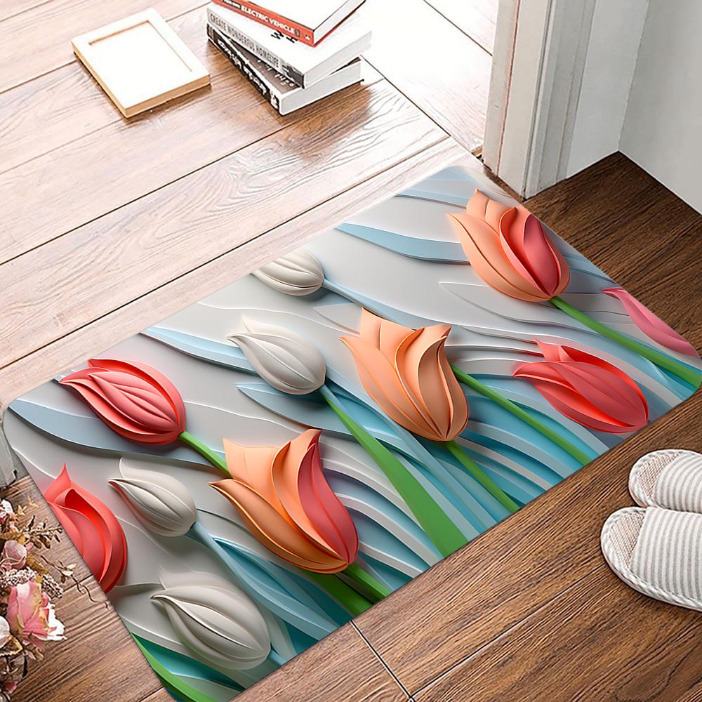 Colored Tulips Diatom Mud Entrance Antislip Home Outdoor Kitchen Rug Washable Hallway Bathroom Porch Floor Door Mat Decorate