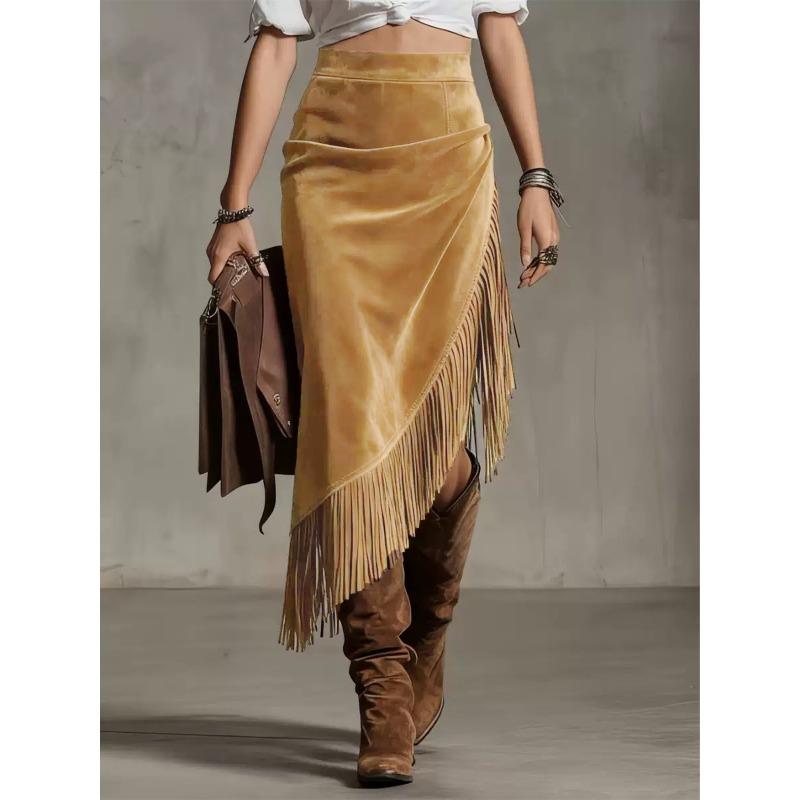 Vintage Western Style Irregular Design Solid Color Midi Skirt