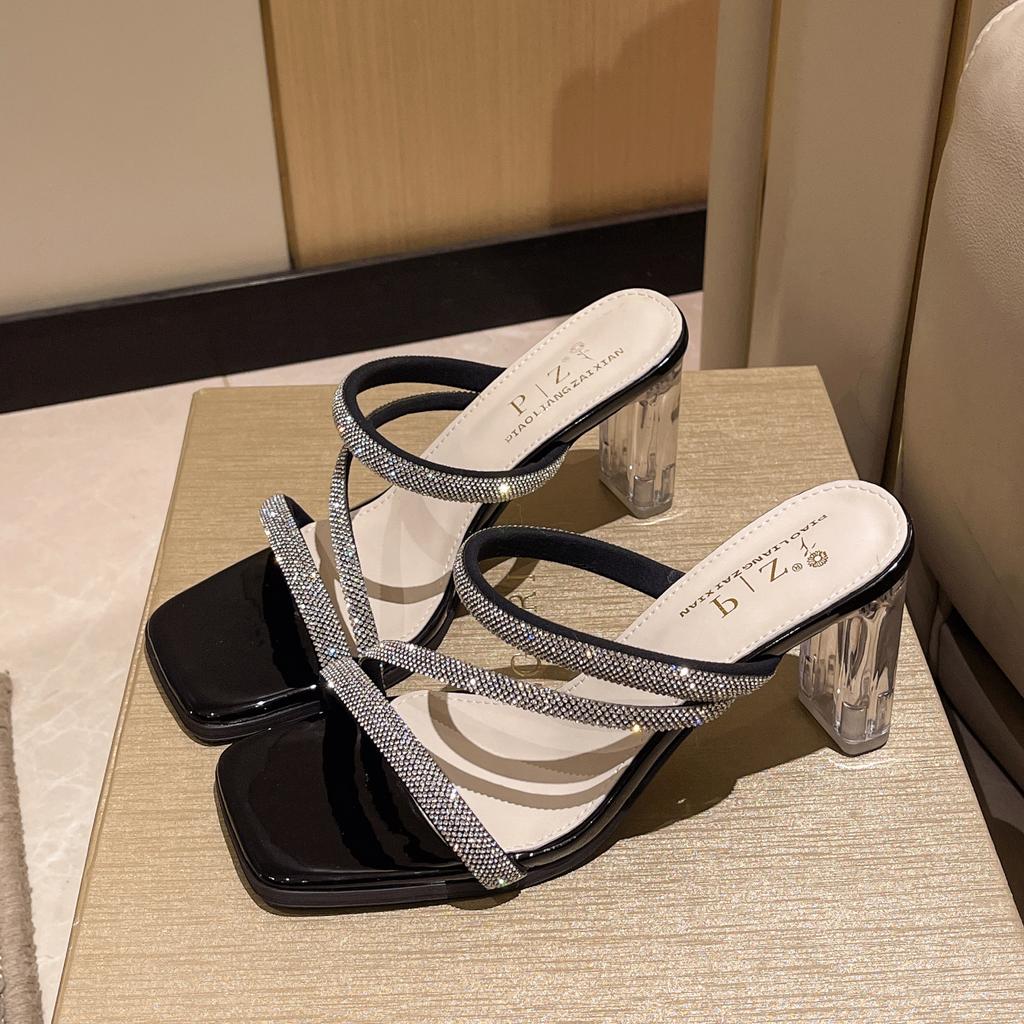 Neue französische Damen-Sandalen mit dickem Absatz und Glaspantoffel, Feen-Temperament, Strass-umwickelte Slipper, luxuriöse Pumpschuhe