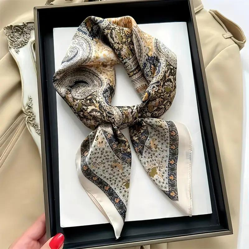 Women's Korean Style Retro Printed Imitation Silk Scarf for Professional and Casual Use