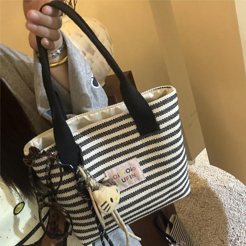 Fashiable Striped Canvas Tote Bag for Women Lightweight Durable Commuter Bag Relaxed Texture and Simple Design Handle Bag