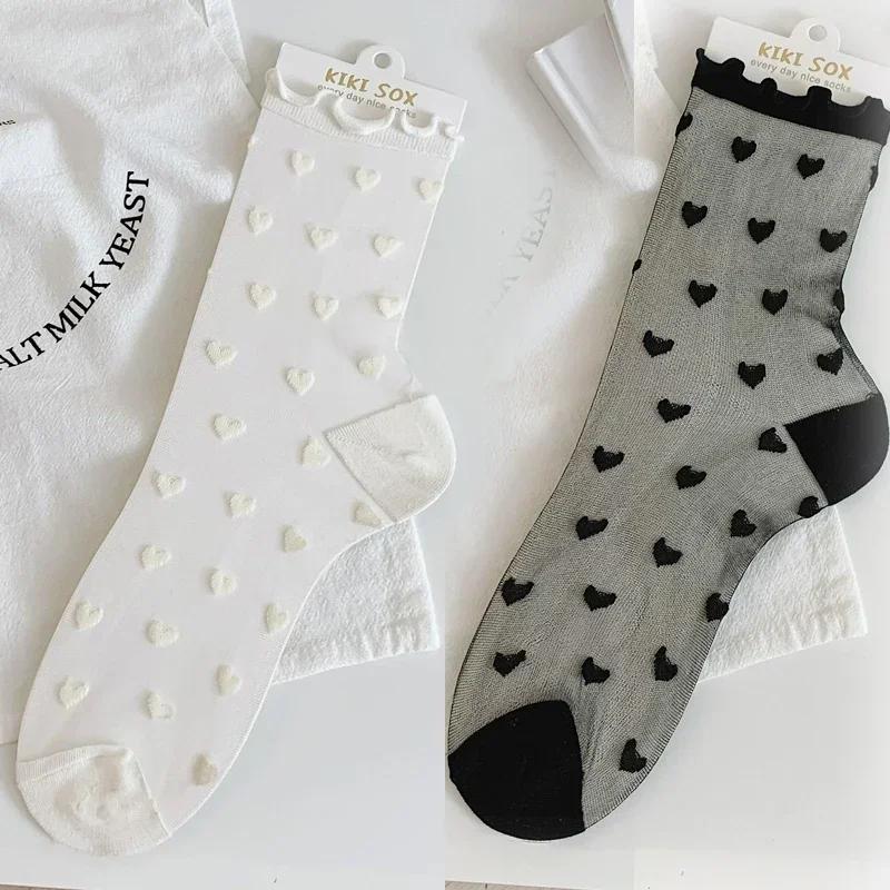 Lolita Invisible Socks Women Girls Summer Silk Lace Socks Crystal Silk Love Heart Ankle Socks Black White Transparent JK Sock