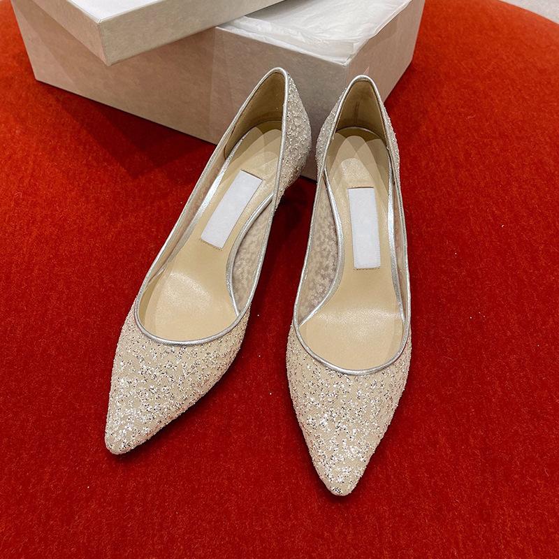 2024 New Spring and Autumn Pointed Rhinestone Chain Sequined Fairy Style Mary Jane Stiletto High Heel Wedding Shoes Stiletto