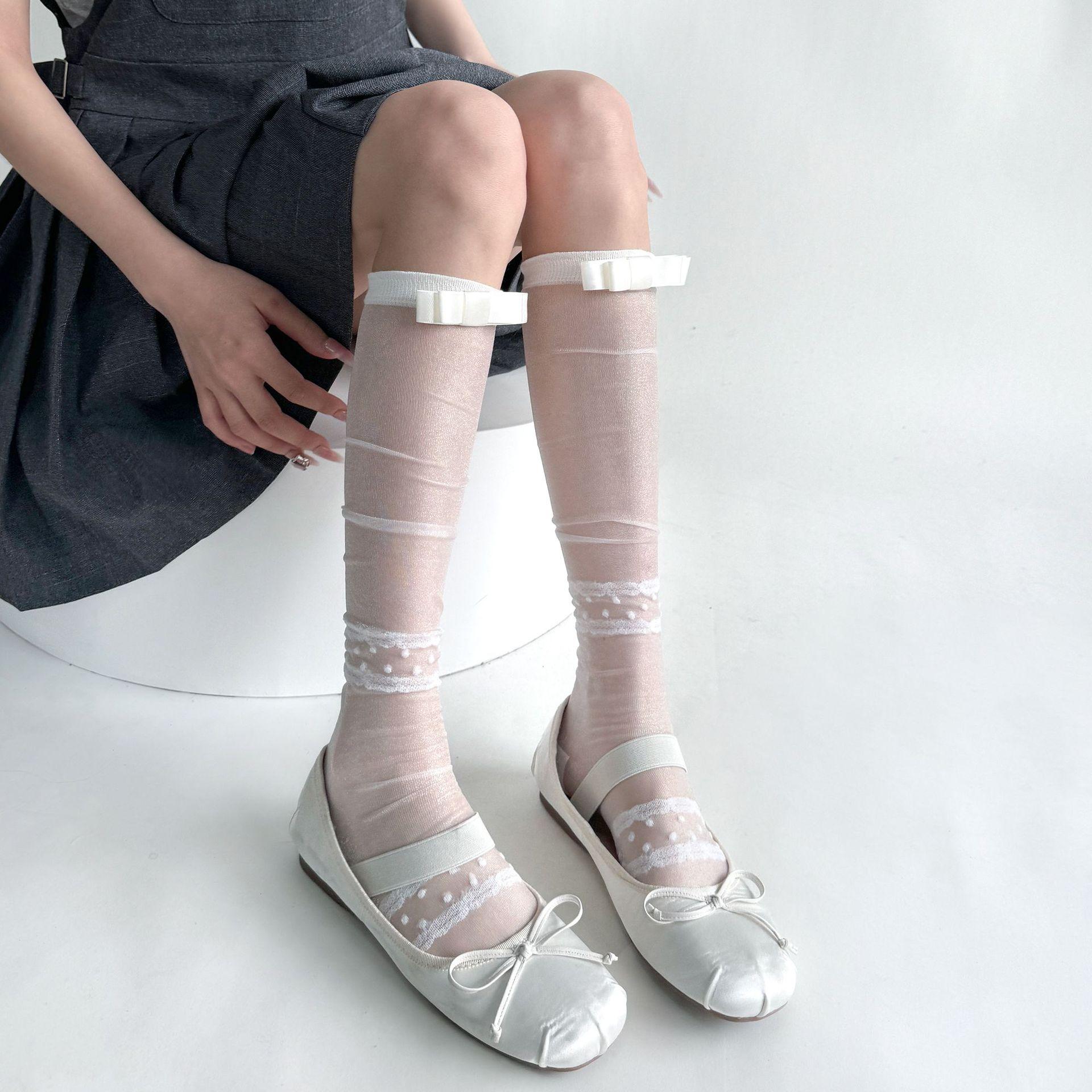 

Кришталеві шовкові шкарпетки Жіночі панчохи JK Sweet Girls Bandage Bow Gnee Socks Cute Bowknot Ultra-thin Transparent Nylon Long Socks
