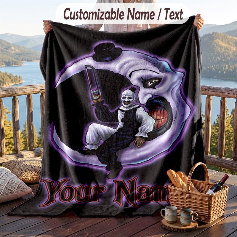 Custom Text Flannel Throw Blanket, Lightweight Cozy Bed Sofa BlanketTerrifier Art the Clown