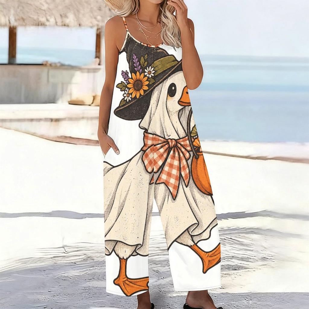 Damen Spaghettiträger Jumpsuit Süße Schwarze Katze Hexenhut Kürbis Halloween Print Weite Hosen Mit Taschen