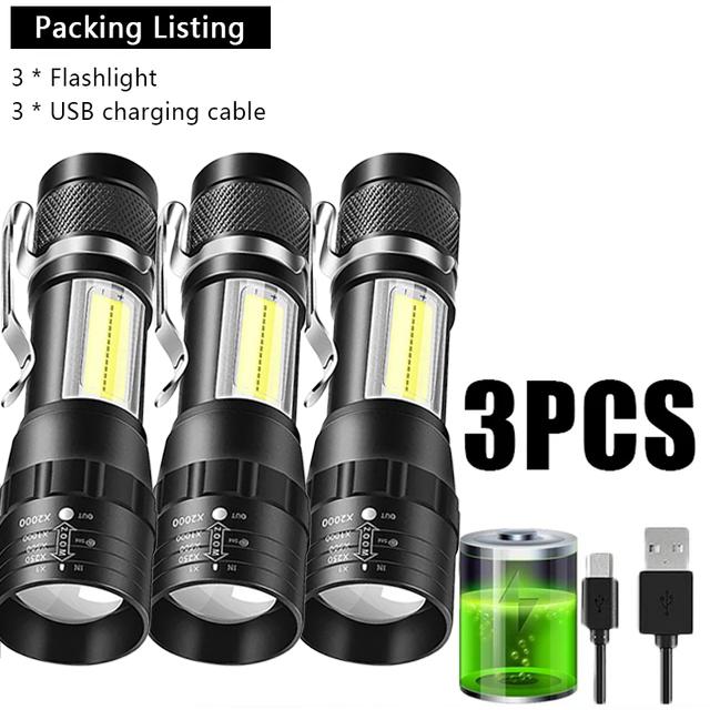 USB Rechargeable Mini Flashlight COB+XPE Portable Built-in Battery Zoomable Small Torch 3 Mode Camping Emergency Flashlights