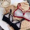 Women's Red Lace Bralette - French Style Gathered Design, Wireless, Anti-Sag