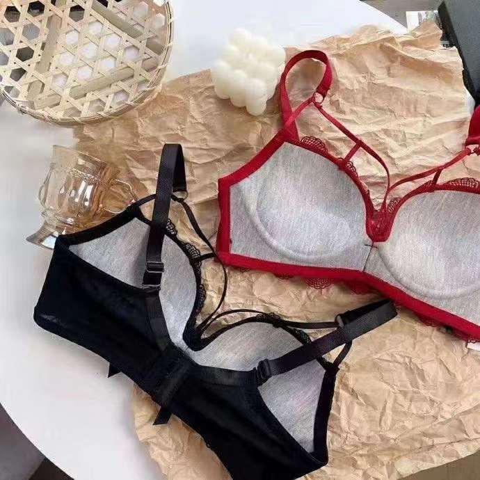 Women's Red Lace Bralette - French Style Gathered Design, Wireless, Anti-Sag