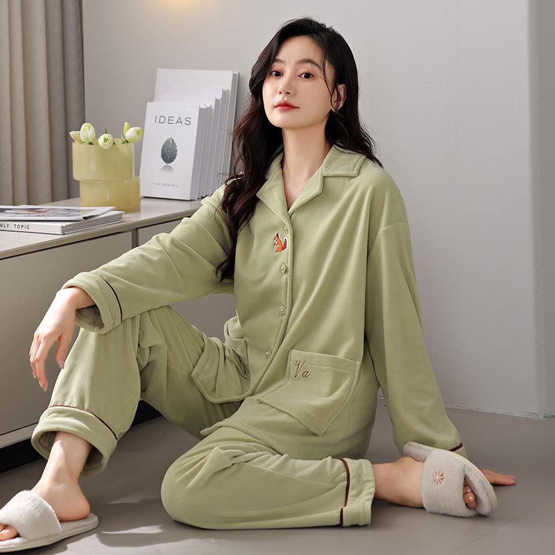 Pajamas Women'S Autumn And Winter Long-Sleeved Island Fleece High-End Fleece Thickened Coral Fleece Spring And Autumn Loungewear