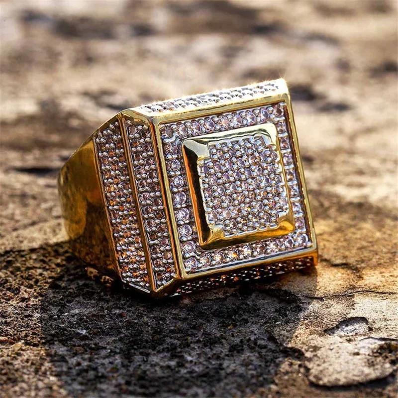 2023 Trendy Golden Full Crystal Geometric Men's Ring Business Style Party Wedding Fashion   Male Hand Accessories