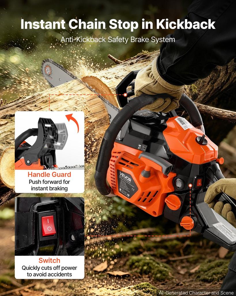 Gas Powered Chainsaw 355.6 mm 40CC 1.15kW 2 Stroke Engine Chainsaw, for Wood Cutting, Tree Trimming & Land Clearing, Throttle-Synced Choke, Power