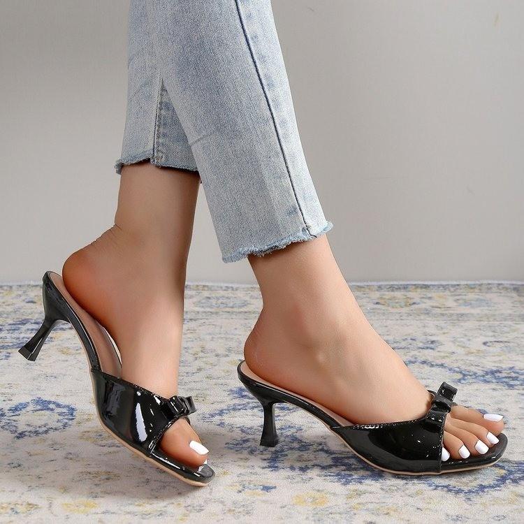 

Сладкие сандалии для женщин Повседневные Ежедневные Странные Высокие каблуки Женская обувь Однотонная Кожа Слипоны Бант-бабочка Летние сандалии 35 чёрный