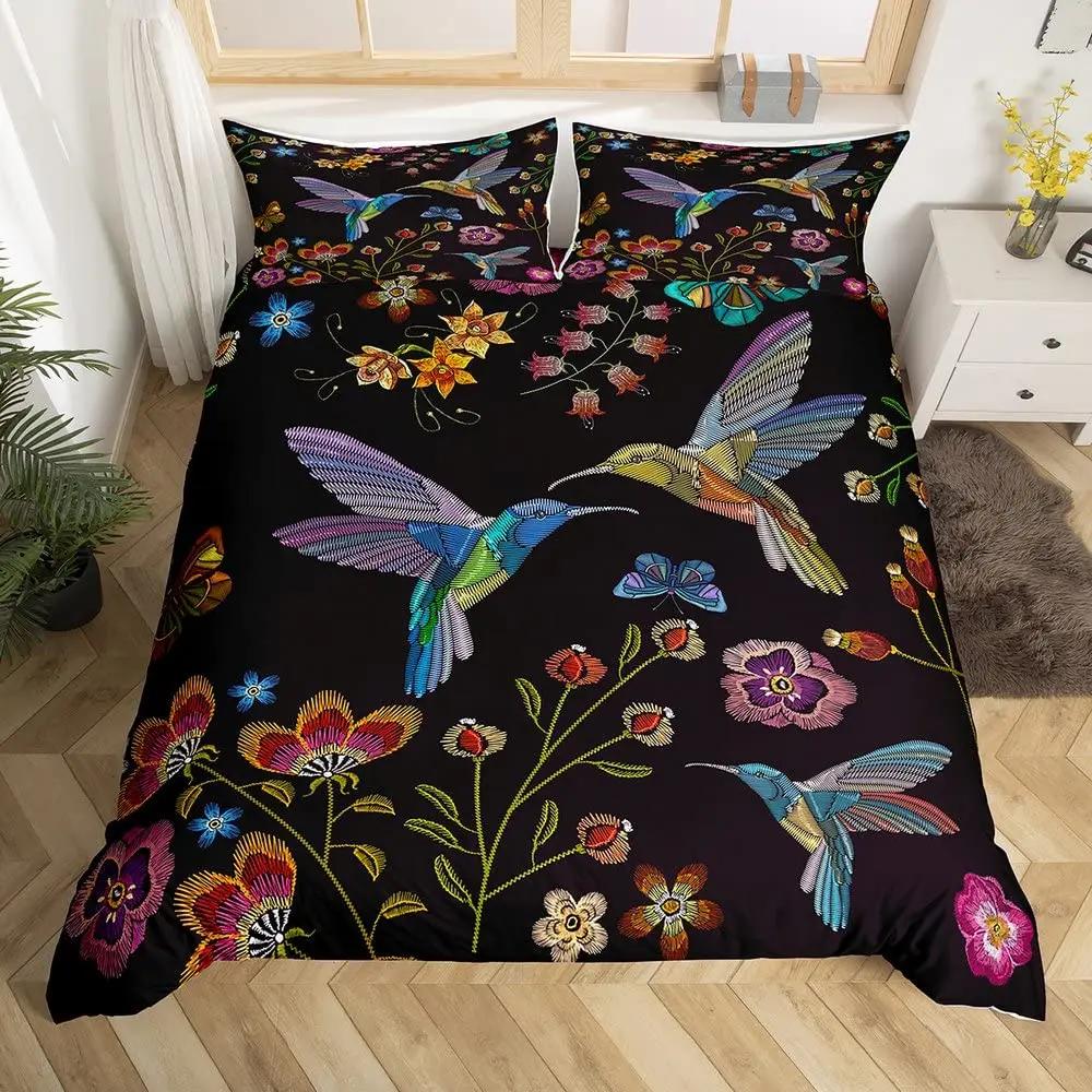 Hummingbird Duvet Cover Set Full Size Girls Garden Birds Farmhouse Flower Floral Bedding Set Hummingbird Lovers Comforter Cover