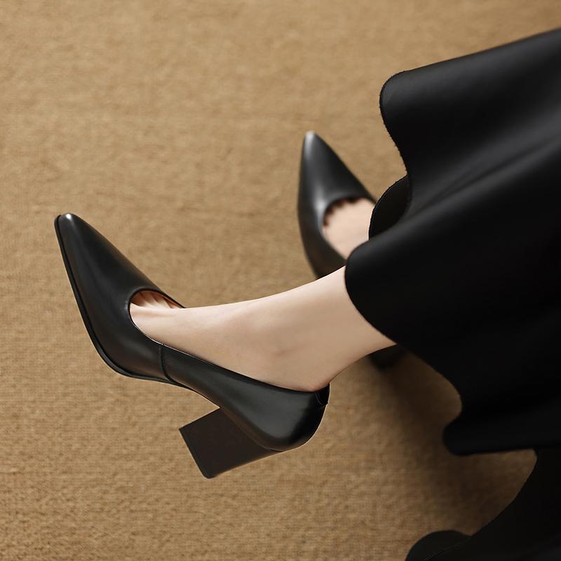 Fashion 2025 New Genuine Leather Pointed Toe Thick High Heels Spring Shoes Grace Wedding Mature Shallow Slip On Comfortable Women Shoes