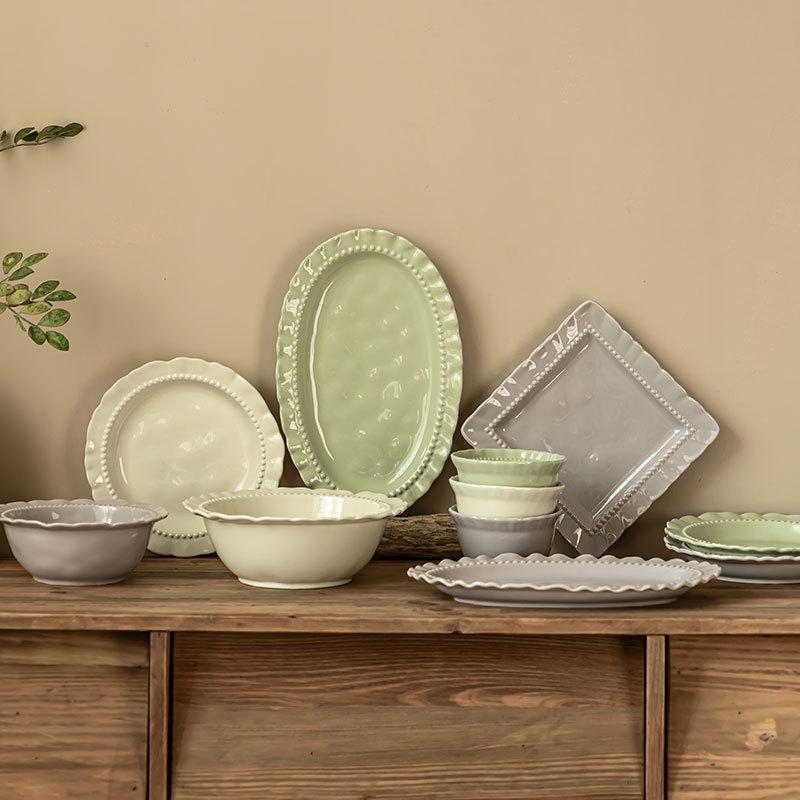 Songno Series Exquisite Lace Ceramic Tableware Set Household High-Value Bowl Plate Vegetable Plate Square Plate Large Bowl Plate